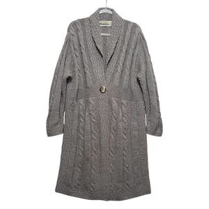 Aran Crafts Merino Wool Cable Knit Long Cardigan XL Gray Cottagecore Heritage